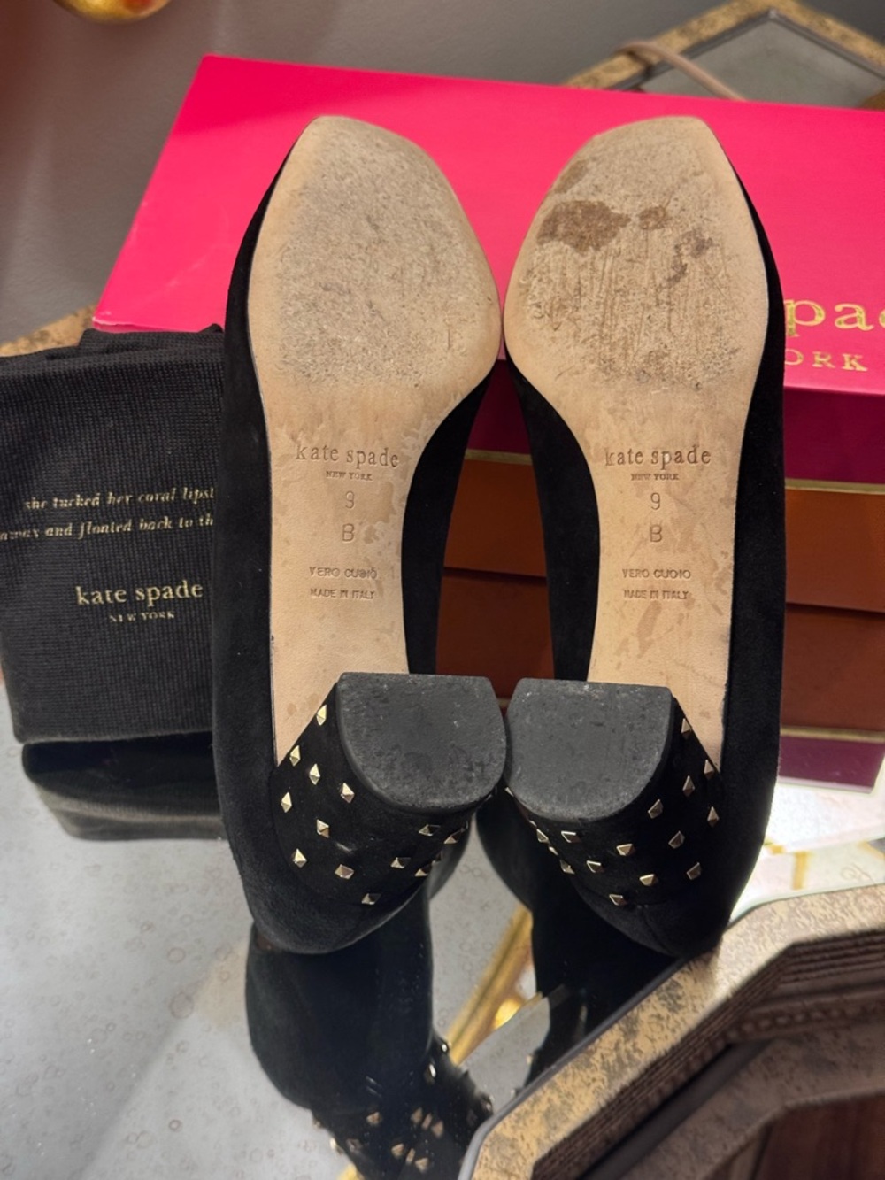 Kate Spade Black Suede Gold Studded Heels Pumps - Size 9 - Picture 9 of 13